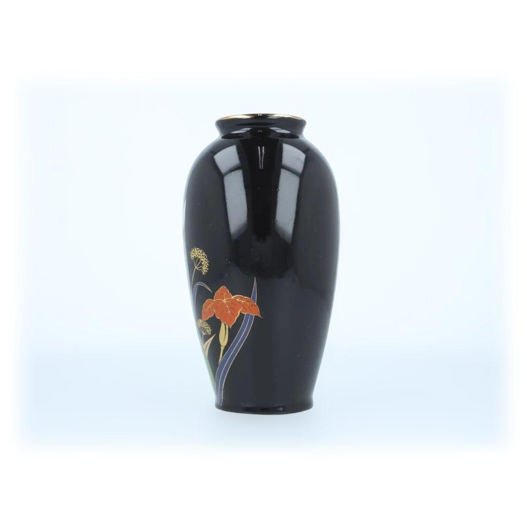 【美品】黒地 花柄 金彩 花瓶 陶器 インテリア 和洋兼用