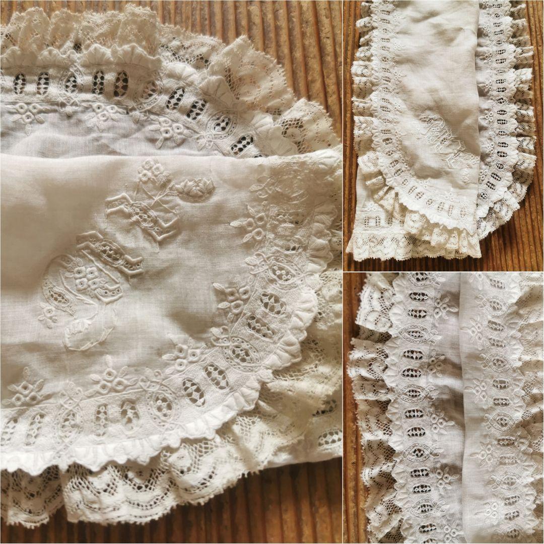 アンティーク 奇跡の極細糸刺繍 極小盛上げスカラップ 美しいウェディングハンカチ