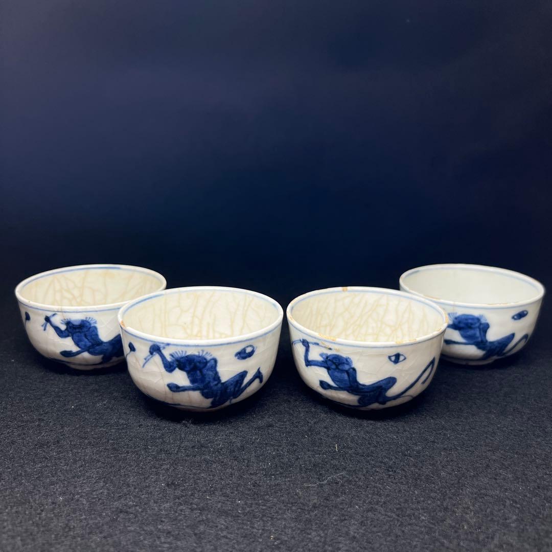 中国明時代　南京古染付煎茶碗4客　共箱　口径約7㎝東Y7-1212☆2Fタエチ