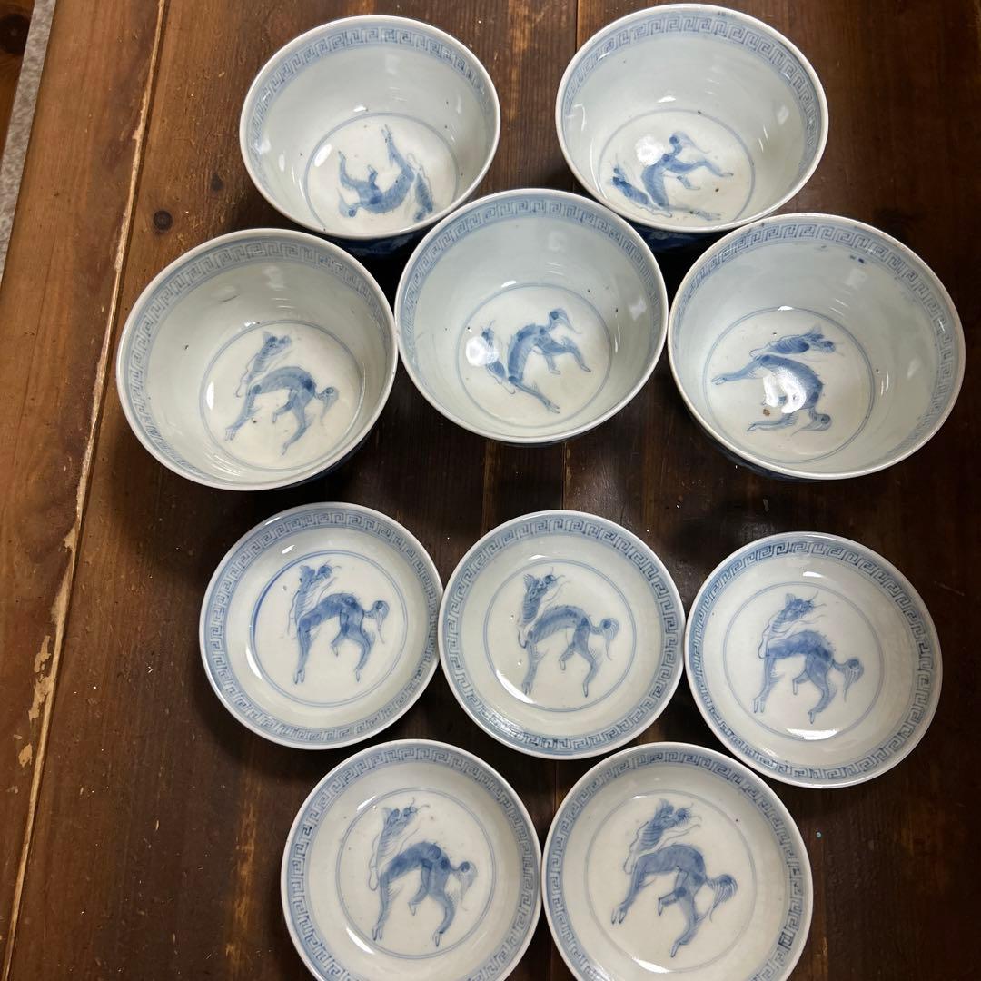 古伊万里　手描き　江戸期　江戸時代　幕末　骨董品　龍の図　蓋付き　飯碗　5客