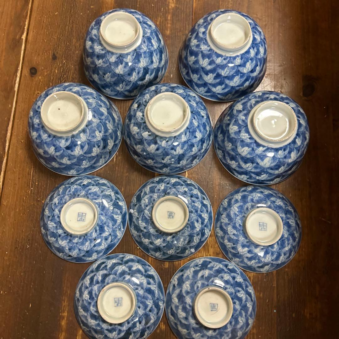 古伊万里　手描き　江戸期　江戸時代　幕末　骨董品　龍の図　蓋付き　飯碗　5客