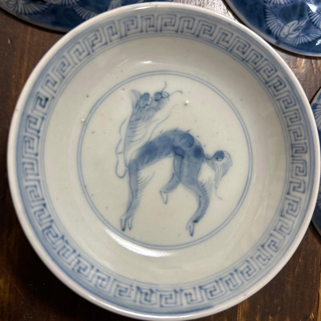 古伊万里　手描き　江戸期　江戸時代　幕末　骨董品　龍の図　蓋付き　飯碗　5客