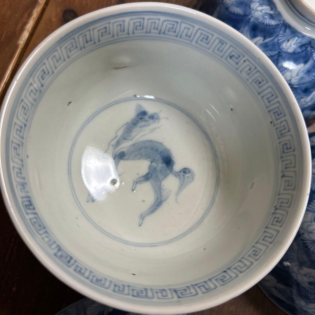 古伊万里　手描き　江戸期　江戸時代　幕末　骨董品　龍の図　蓋付き　飯碗　5客