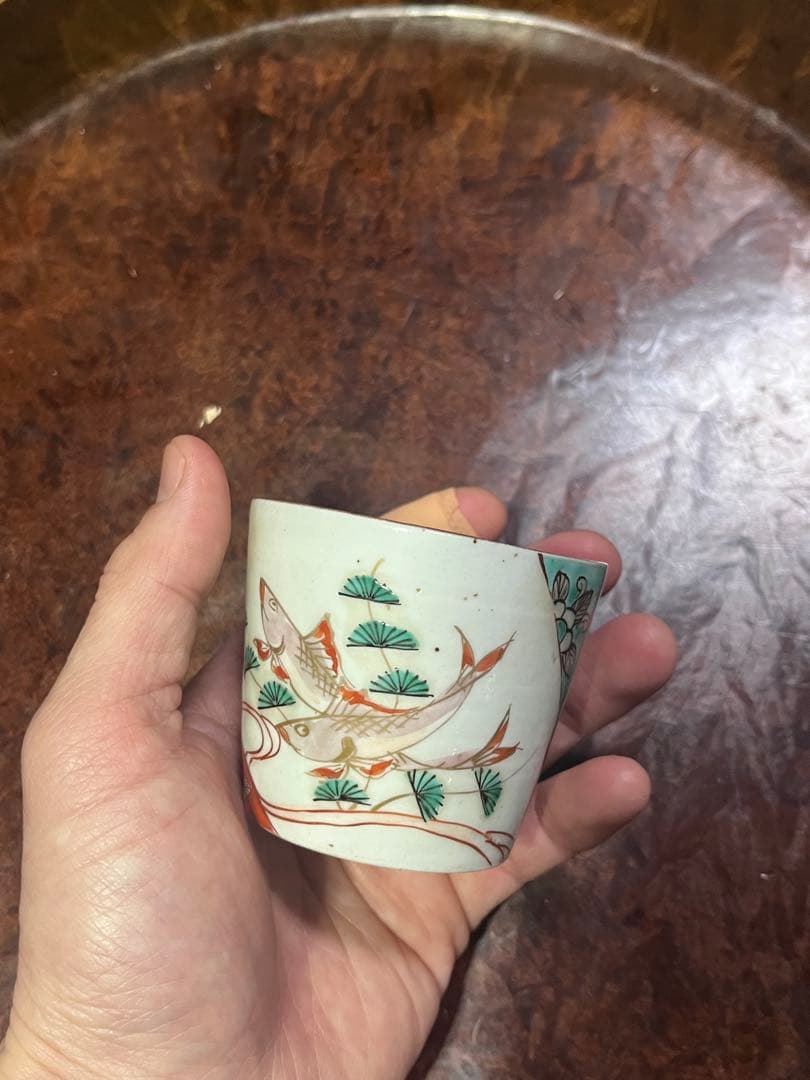 古伊万里　無傷完品　鮎　色絵　流水　そば猪口　蕎麦猪口　双魚