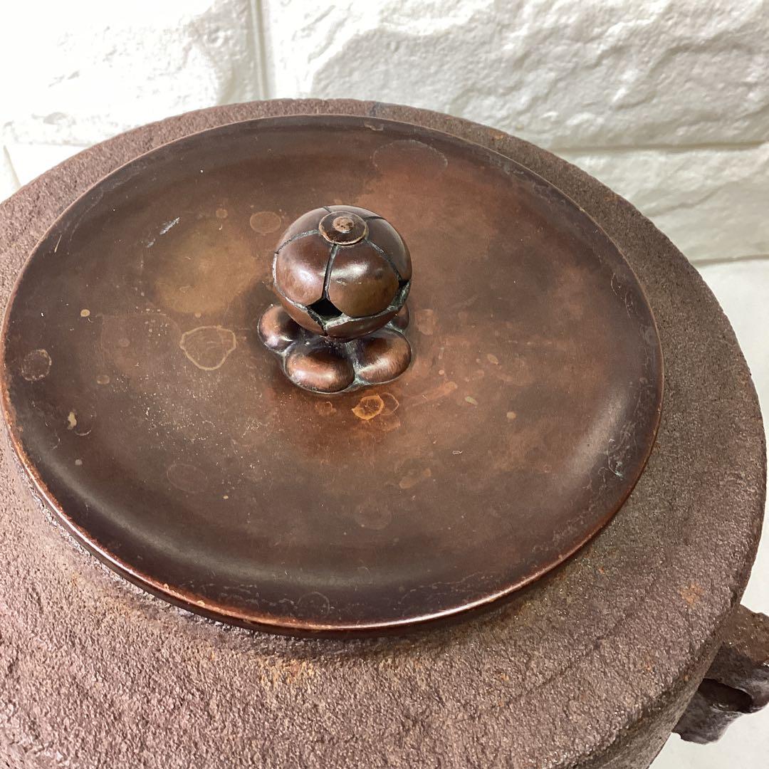 S　竹地文　釜師　呂尚　鉄製 筒釜 竹模様　銅蓋　茶釜　16ｃｍ　高さ20ｃｍ