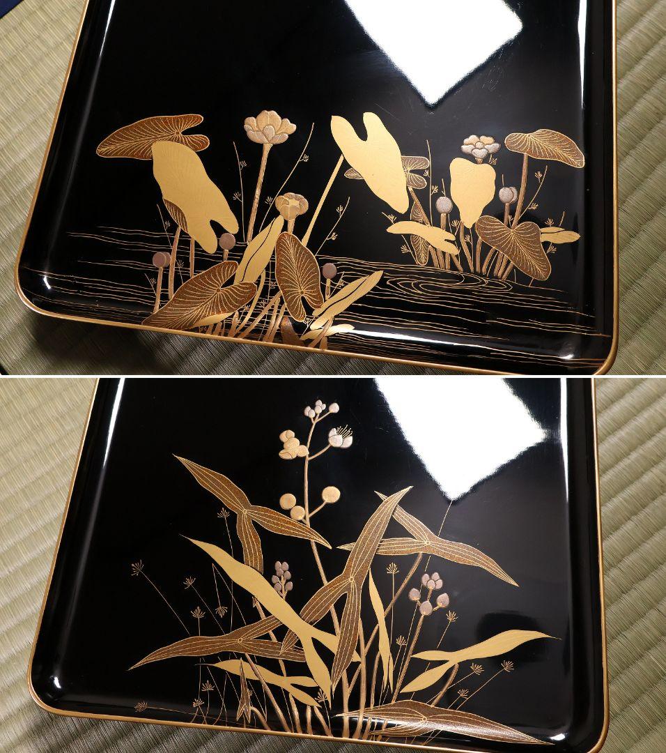 木製漆器 草花 絵変蒔絵 蝋色塗 吸物膳 十客 足付 四方膳 梨地【CM282】