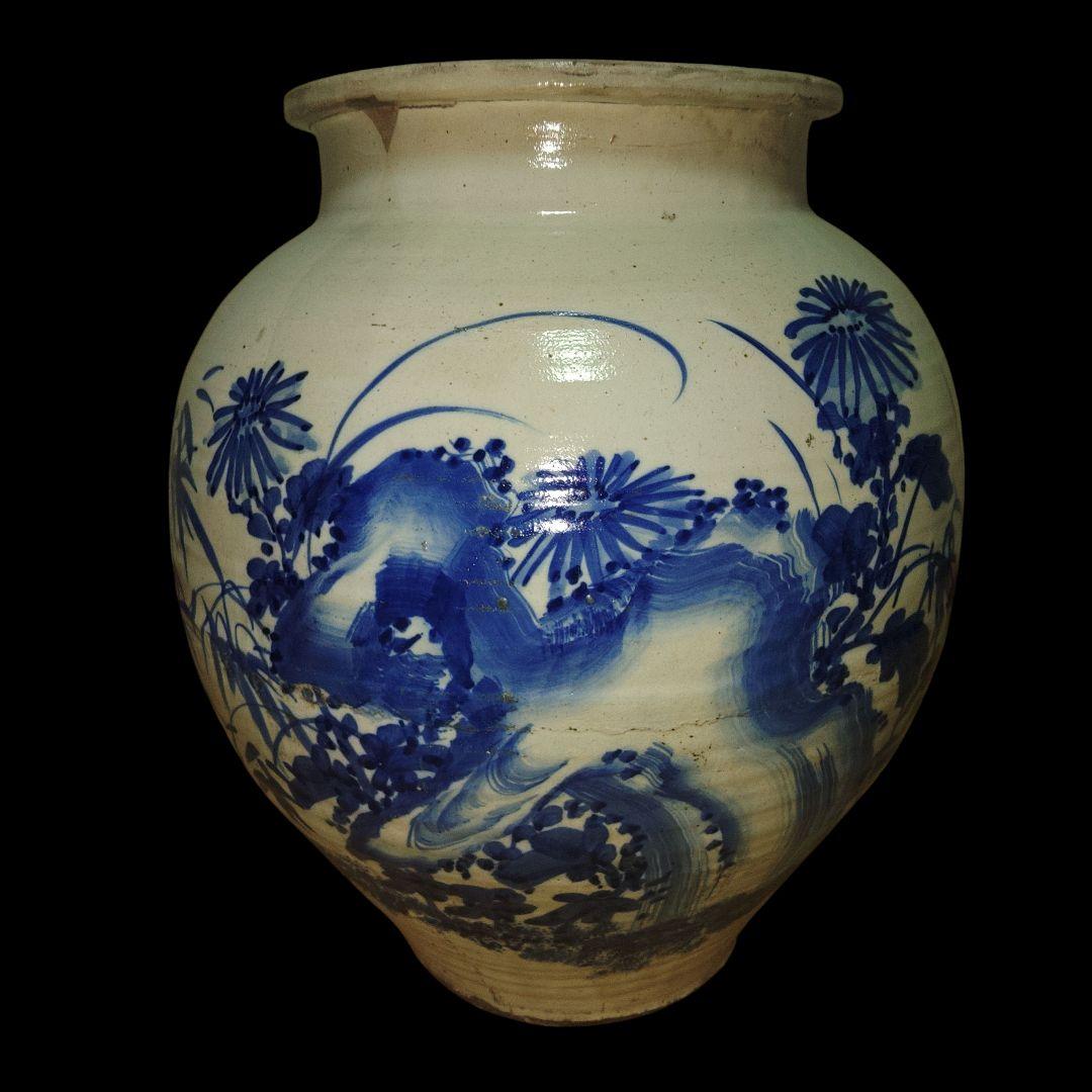 越後豊栄　太丘焼　四君子染付壺　明治美術　骨董品