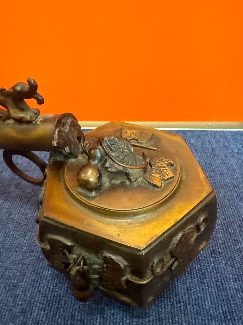 1624 中国美術　唐物　古玩　唐銅　瓢箪から駒図大矢立香炉　大明宣徳　時代物