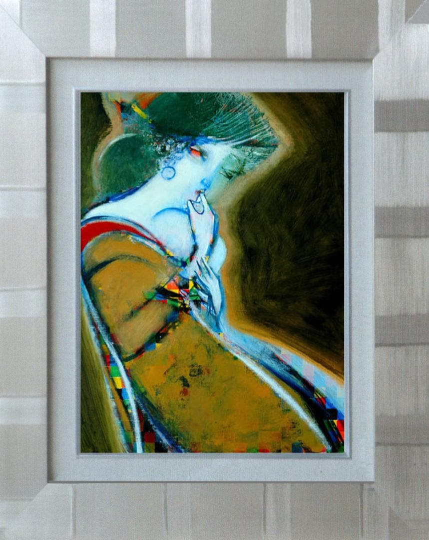 油絵 菅家令子 絵 絵画インテリア額付( 青緑＋金色の枠)F4-080514女性