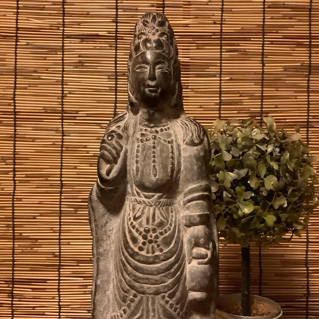 中国魏國「大魏・菩薩立像」南北朝時代・北斎・北魏様式・黒曜石・年号刻字彫