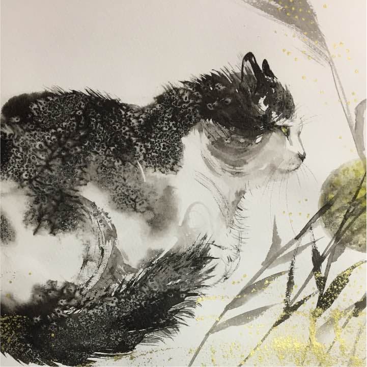 中秋の名月と猫、水彩紙24cm×35cm