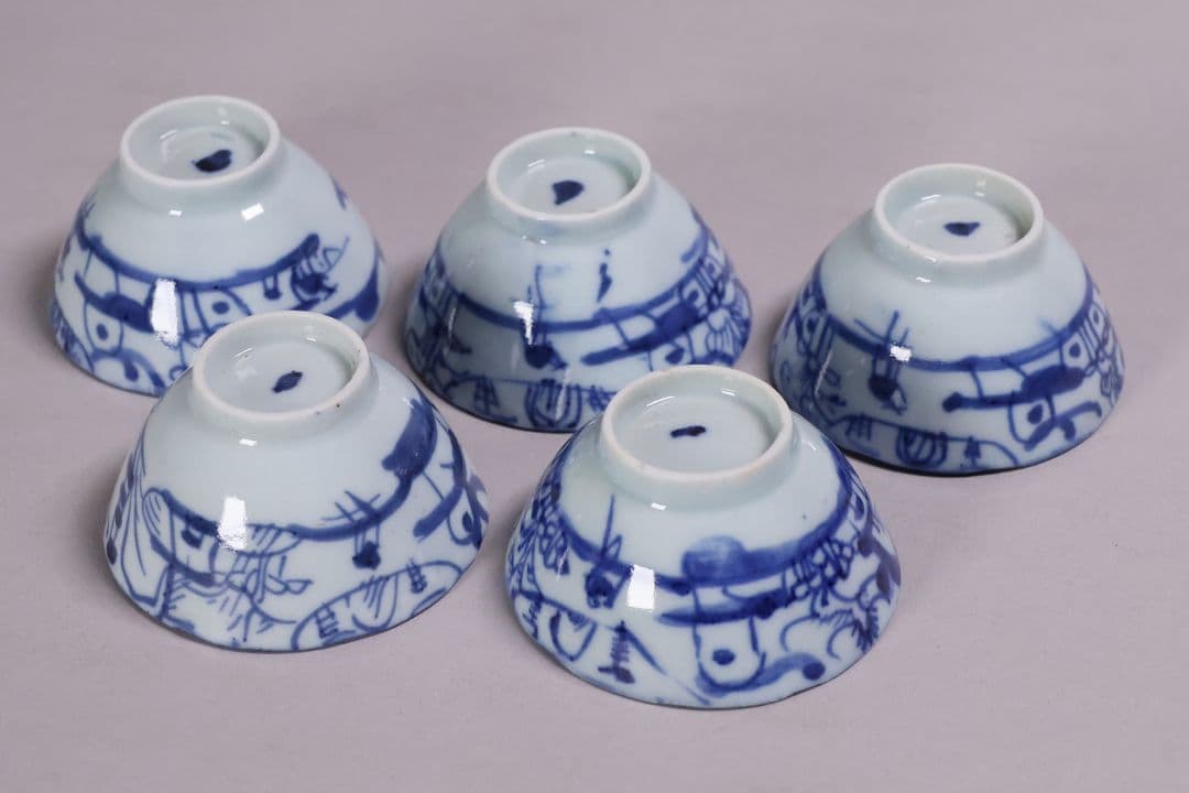 中国 染付 煎茶椀 五客 山水 鳥図 茶器 陶磁器 【MA581】