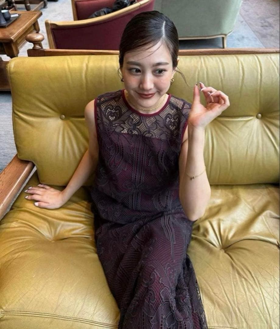 【即配送】ANDRESD バーガンディ ケミカルレースドレス Mサイズ