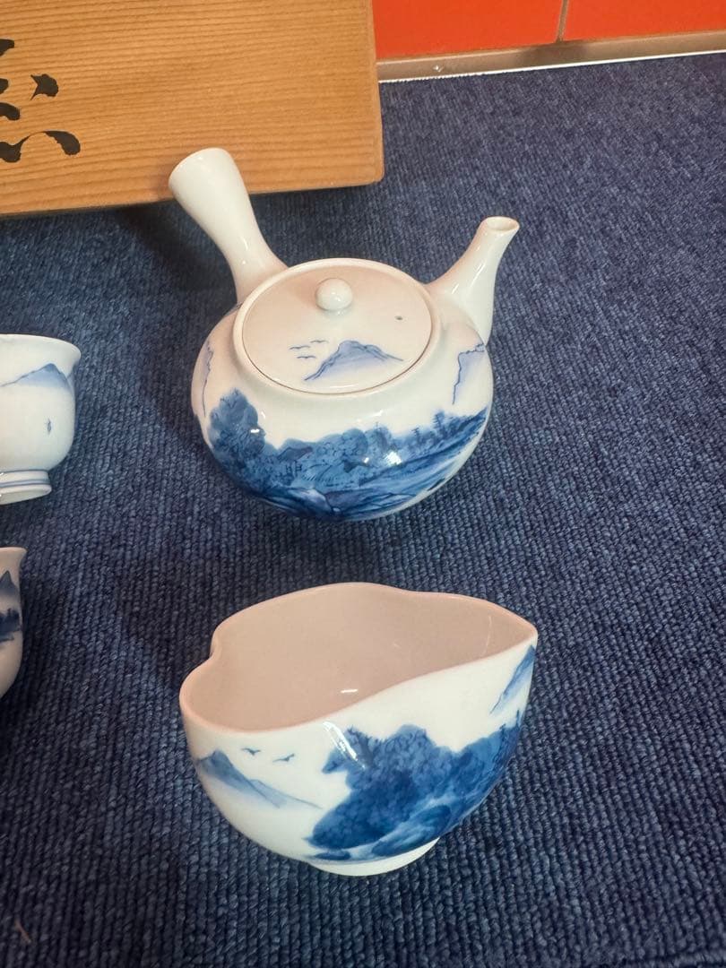 1746 有田焼　染付山水　茶器セット　急須1客　湯冷し1客　湯呑5客　未使用