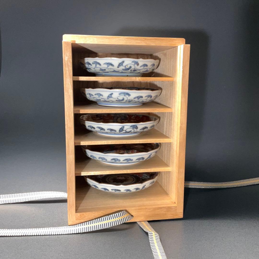 伊万里金襴手 花籠図小皿５枚組　桐箱付　∅11　骨董　古伊万里　R1292お12