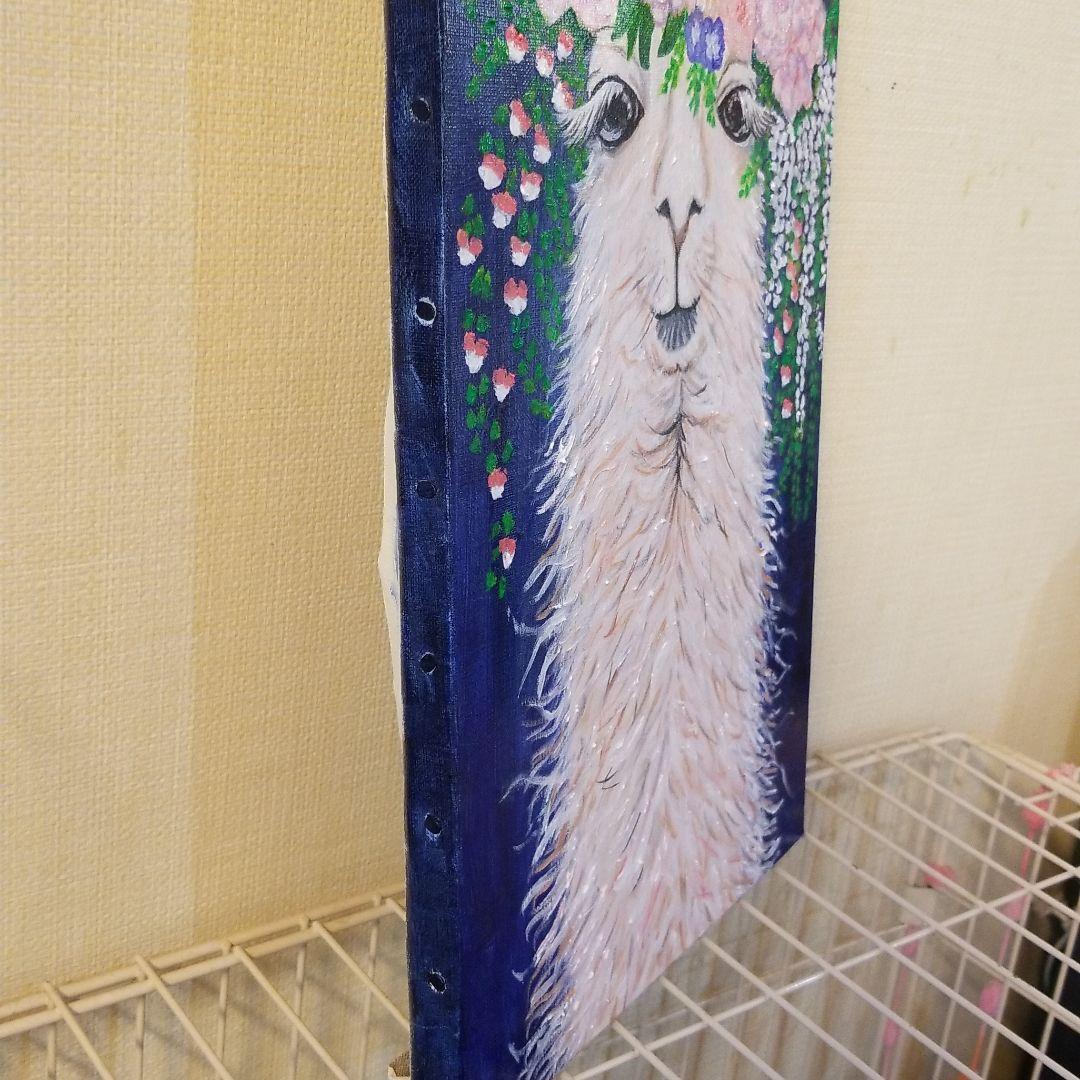 油絵　頭に花をのせたラマ