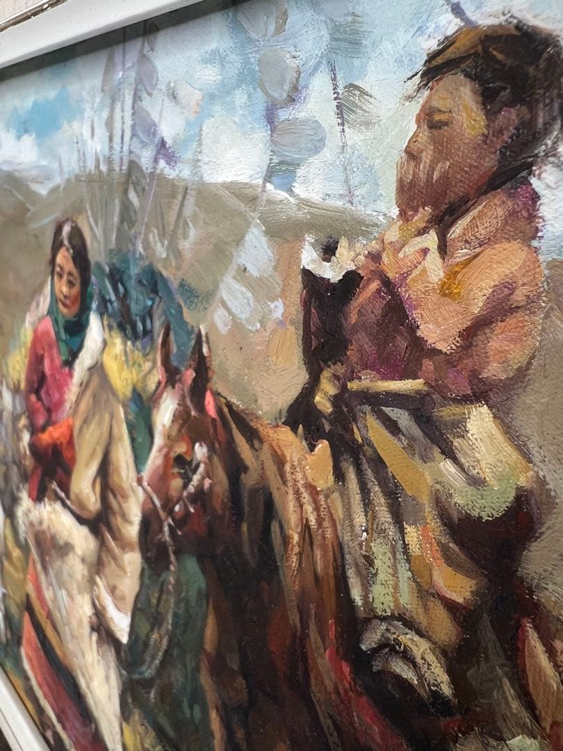 Liu Yong 油彩画 チベット　伝統的な衣装の人物と馬