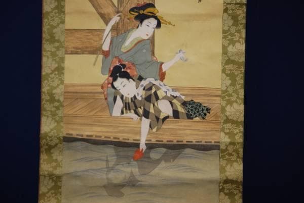 模写/伝/喜多川歌麿/橋下男女魚釣図/布袋屋掛軸HC-918