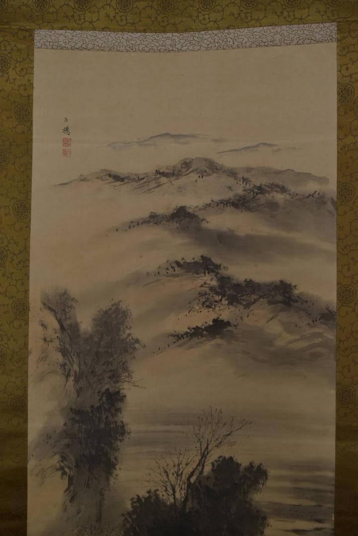 平福百穂/秋景山水図/秋景行旅図/掛軸/名家伝来/Z-892