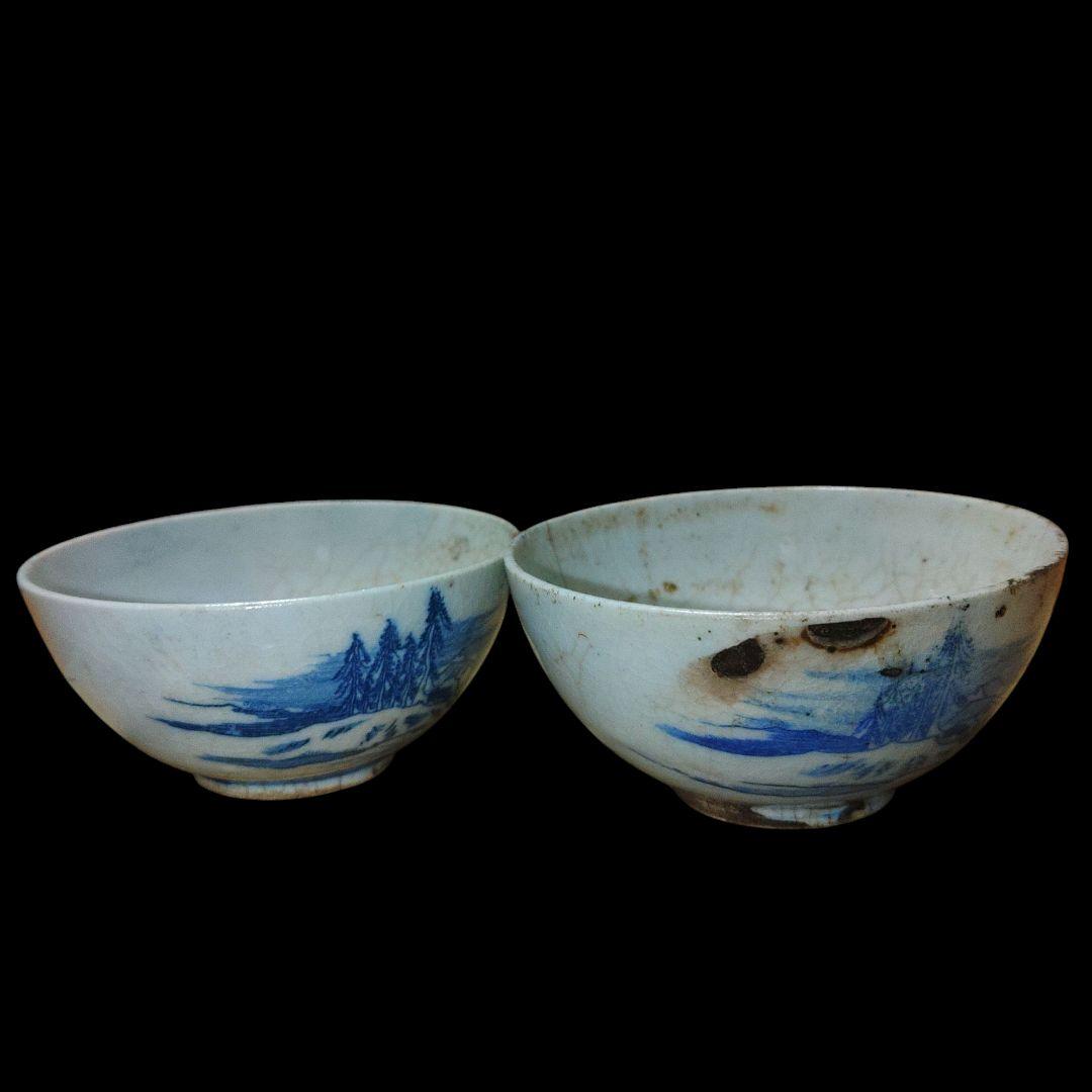 清代　山水楼閣文煎茶茶碗　金継ぎ