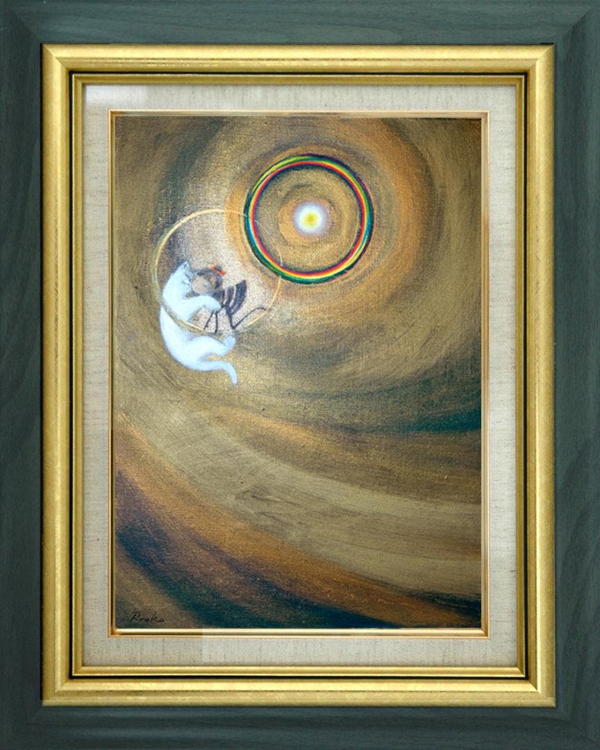 油絵 菅家令子 絵 絵画インテリア額付(黒) F4-030119 子猫子犬女の子