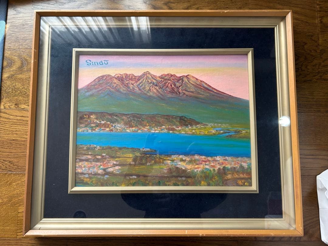 油彩画 「八ヶ岳初冠雪 諏訪湖晩秋」