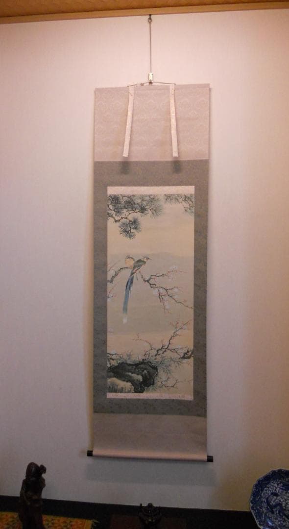 掛け軸 田崎草雲 花鳥山水 絹本 名品 複製 希少 軸装 茶道具 掛軸 美品