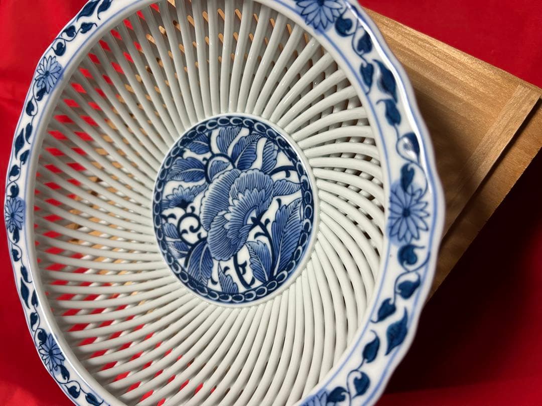 骨董　箱付き　網目菓子鉢　透し網み目　網目焼　琴峰作　年代物