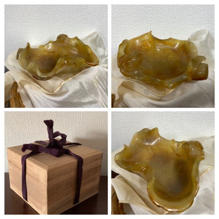 【希少品】文房具　清時代瑪瑙蓮の葉水盂 天然瑪瑙；共箱、共布 BL4-99