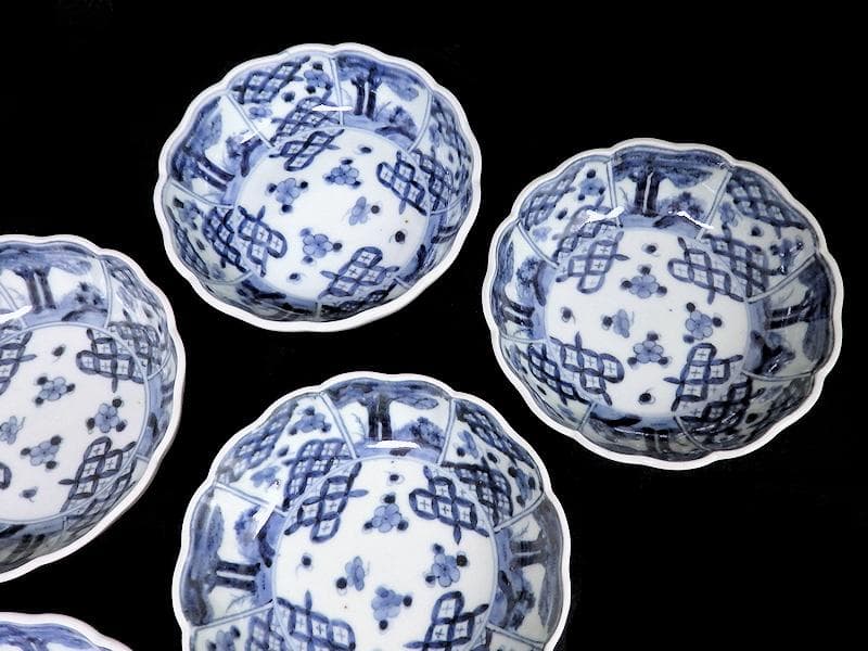 古伊万里　染付　七宝紋に梅の図　膾皿　５客　381AS-CAv