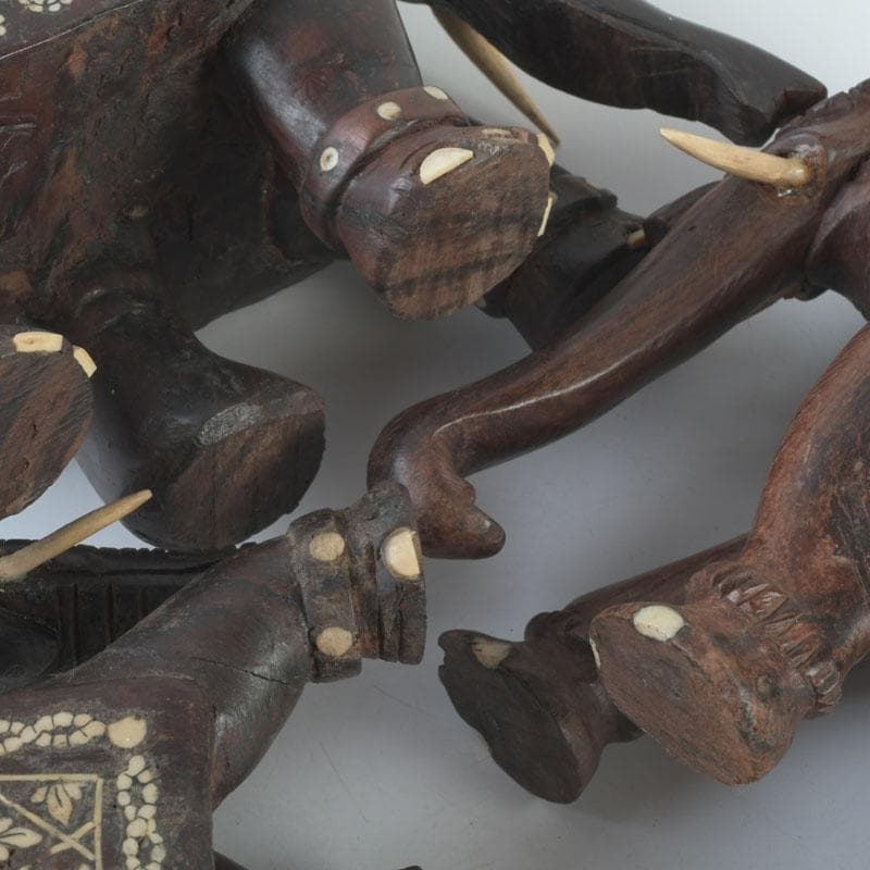 中国　唐木紫壇製　獣骨装飾など　インド象　3点まとめて　台付　V　9336A