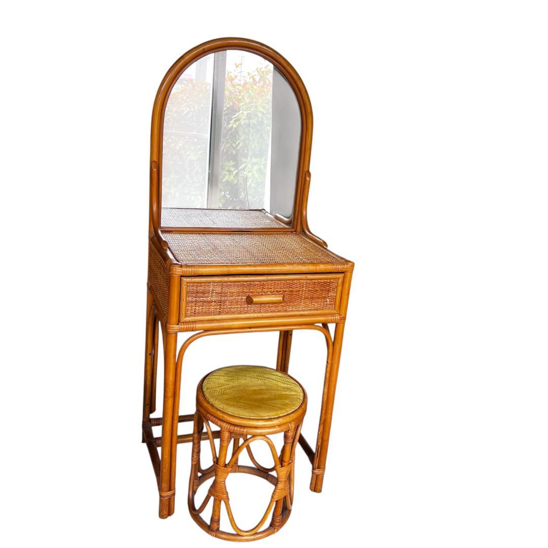 ラタン ドレッサー・鏡台 アーチ型ミラー スツール付 送料込
