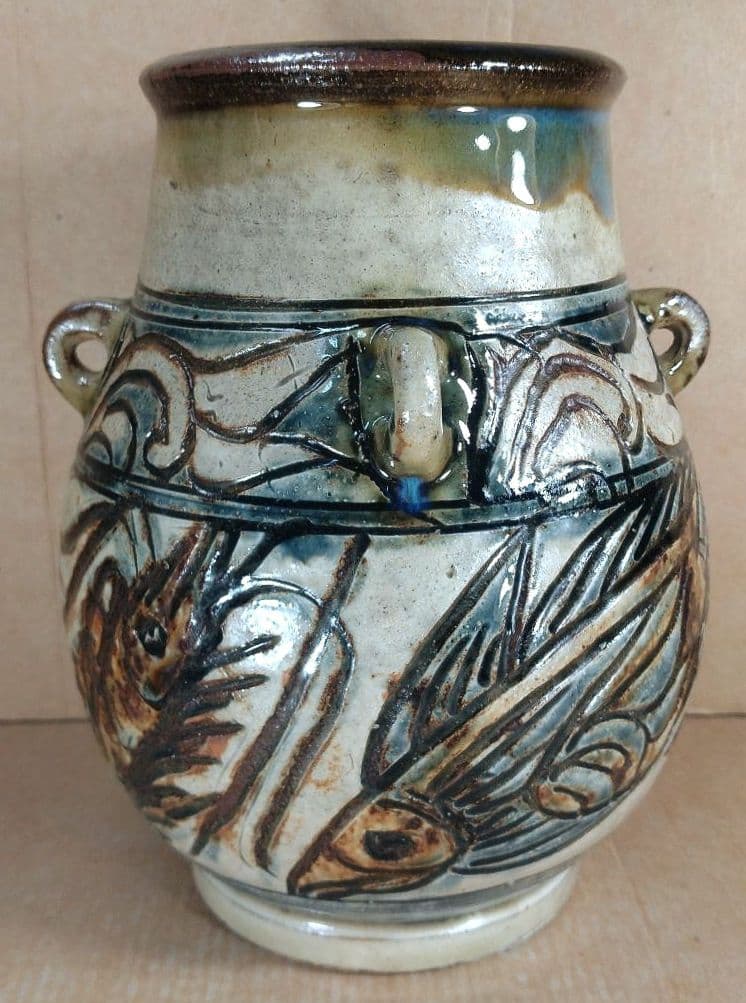 【本物保証】金城次郎 魚紋海老紋四ツ耳花瓶 共箱 栞 人間国宝 美品 壷屋焼