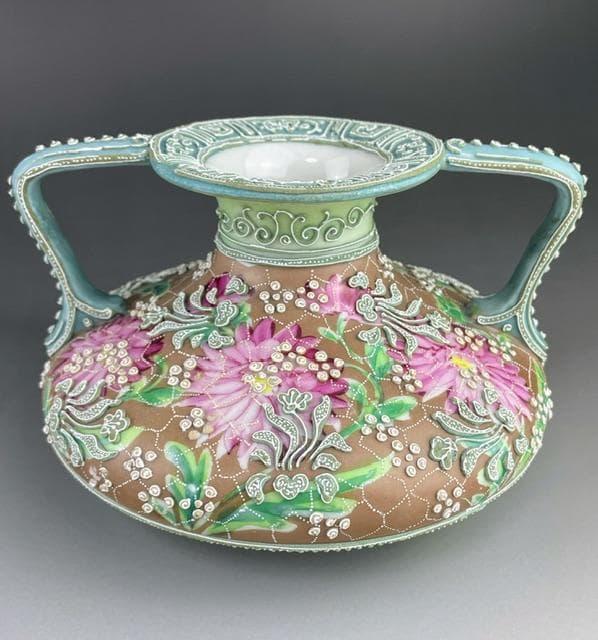 【希少】オールドニッポン 花絵地 一陳盛上げ アールヌーボー様式 花瓶 盛り上げ