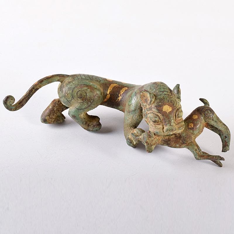 中国　古銅青銅鍍金　虎噬鹿　置物　M　R8096