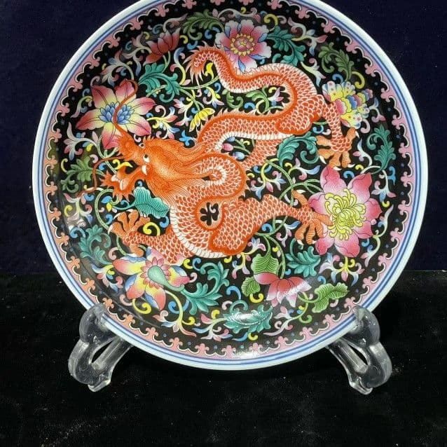 景徳鎮 黄地花鳥盤 黒竜万花盤 紅竜万花盤 陶磁器 現代工芸品 美術品 置物