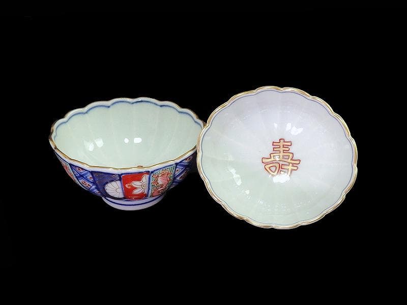 大聖寺伊万里　金襴手　寿紋に輪花豆楕円変形皿　向付　2客　E748AS-CSk