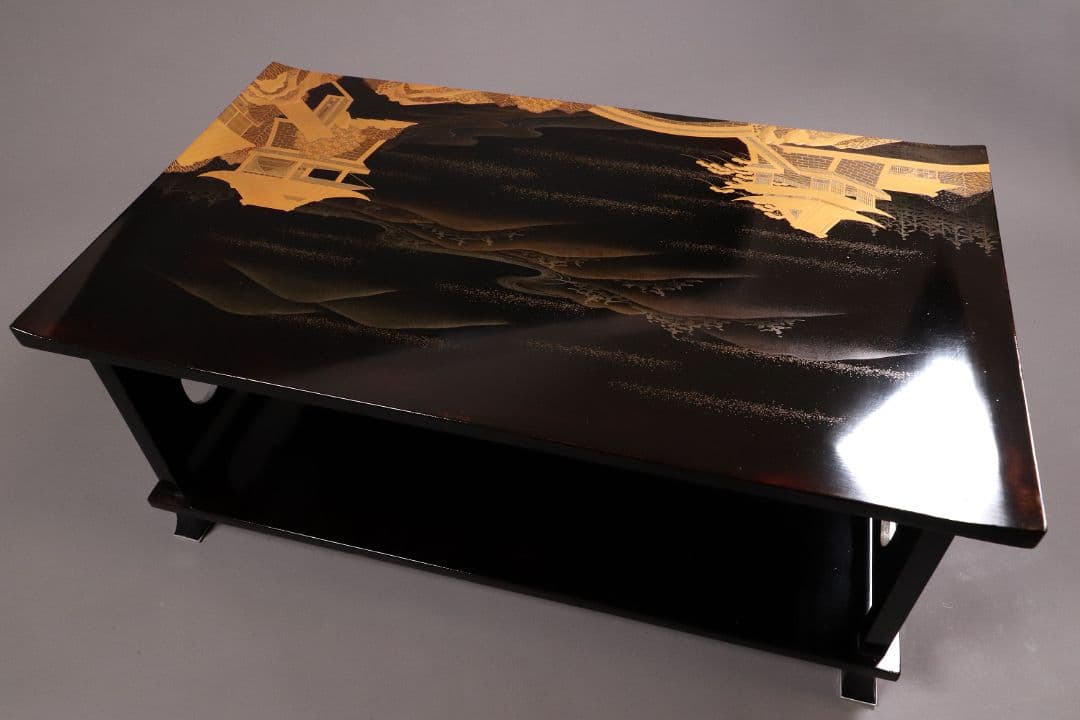 輪島塗 久世宗春 山水金蒔絵 冠卓 二段卓 花台 黒塗 天然木【MA366】