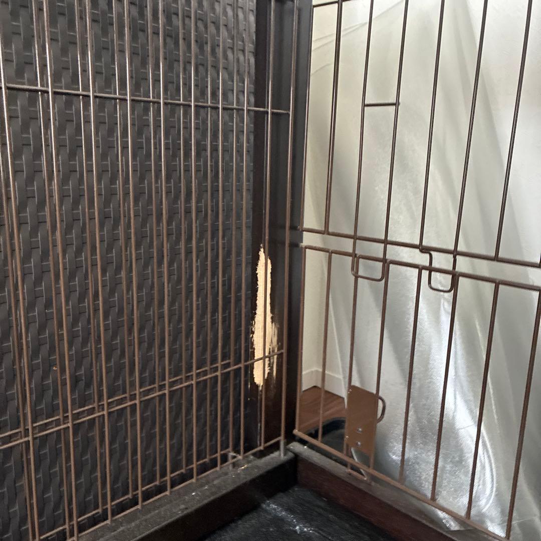 天然木　伸縮木製スライドペットサークル ダークブラウン　屋根・トレイ付き