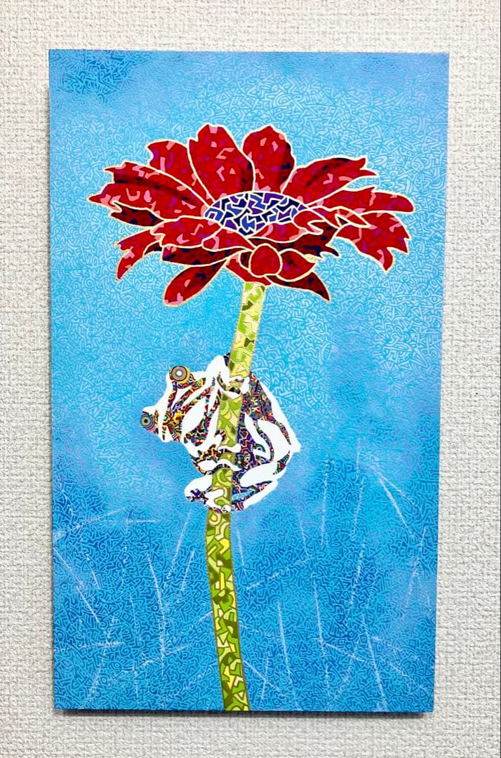 原画　蛙　動物画　絵画　アクリル画　現代アート　細密画　手描き　一点物