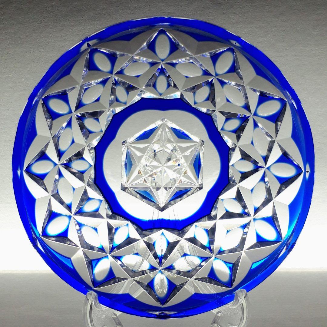 江戸切子　瑠璃色被せクリスタル　 　　　飾 中皿　【 黒川 昭男 作品 】