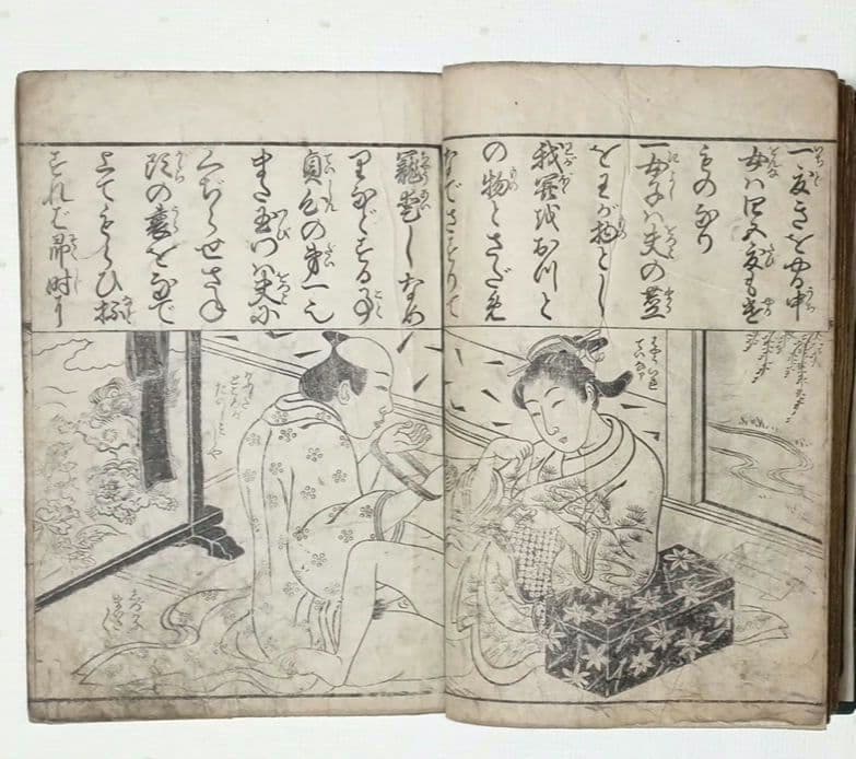 黒摺版画本女大楽寳開（色)月岡雪鼎画 宝暦年間最初4丁8ページ欠け。直し補修有り