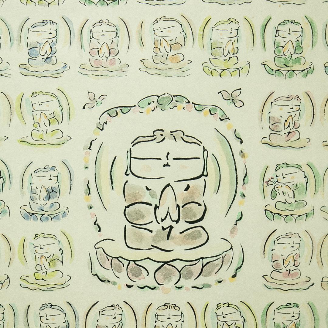掛軸-1749　佐久間顕一　百体合掌童子　手彩木版画　共箱　太巻　限定九百五十部