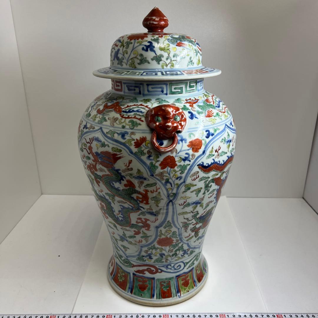 中国美術　景徳鎮　赤絵雲龍図大飾壷　木箱付高さ約53㎝トヒチサ東な8-0104①