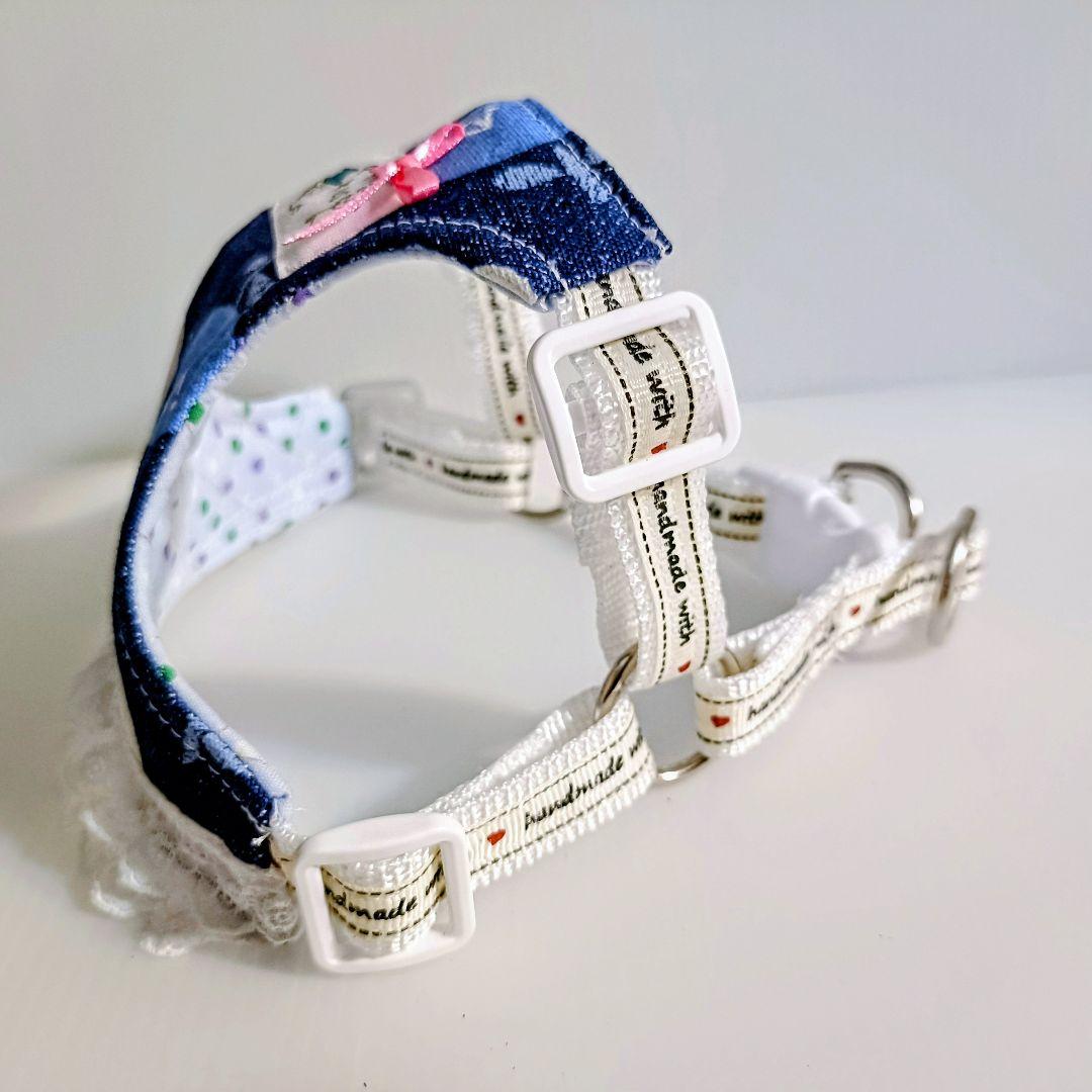 小型犬用 ハーネス Lサイズ ハンドメイド 北欧風 花柄 デニム