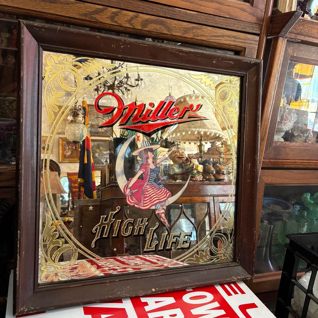 レア！70's アメリカアンティークmiller パブミラー鏡USAヴィンテージ