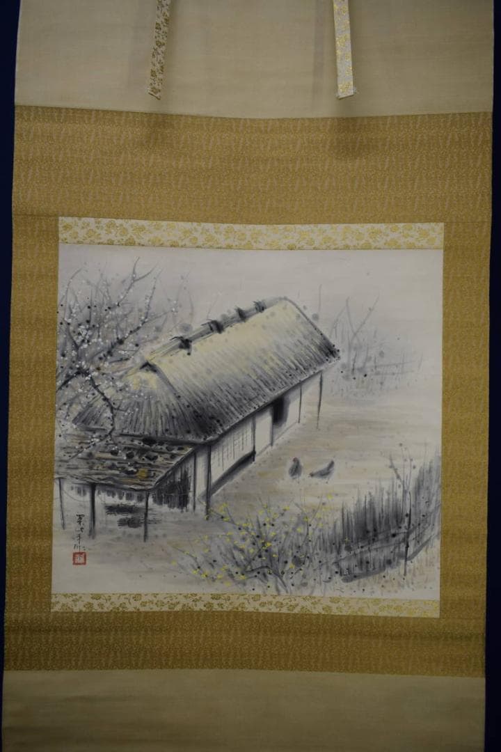 真作/日本橋三越で初の個展/田中案山子/双鶏梅図/布袋屋掛軸HG-760