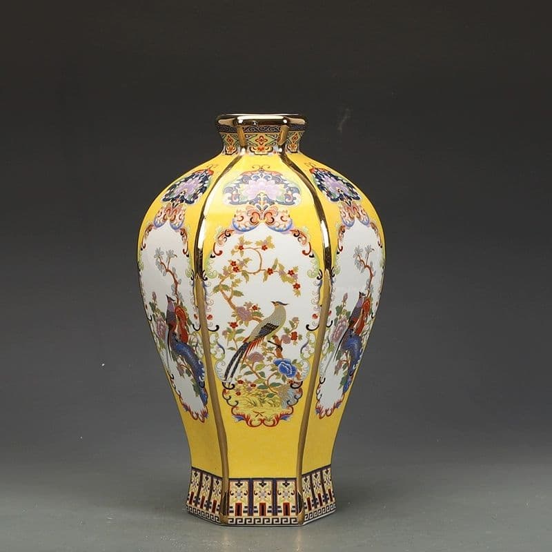清乾隆磁器琺瑯彩花鳥紋六方瓶 景徳鎮 陶磁器 装飾品 現代工芸品 美術品 置物