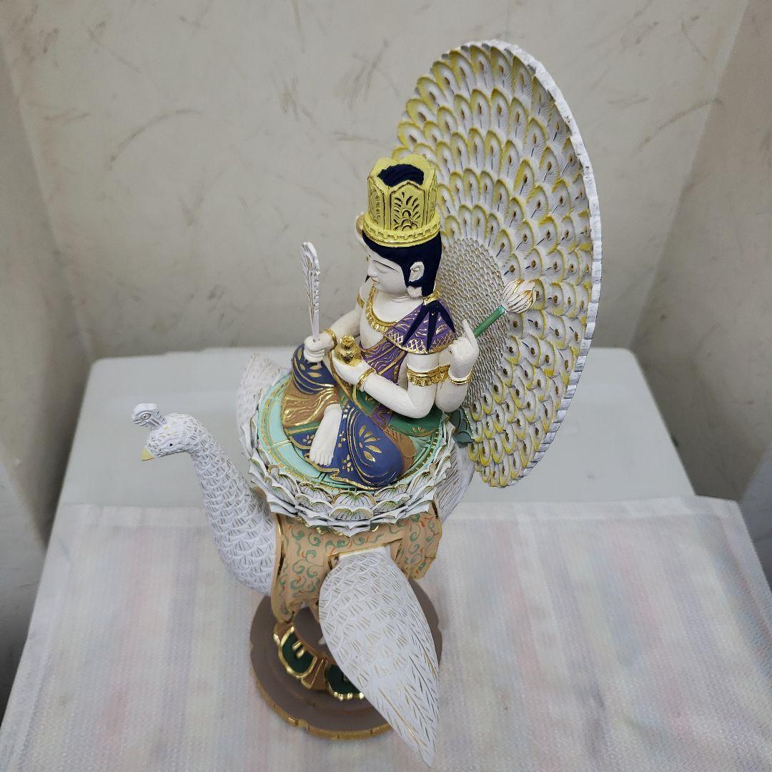 Ｂフライデー　最強魔除け仏像★柘植 孔雀明王像3寸 極彩色 錐金眼入★病魔退散