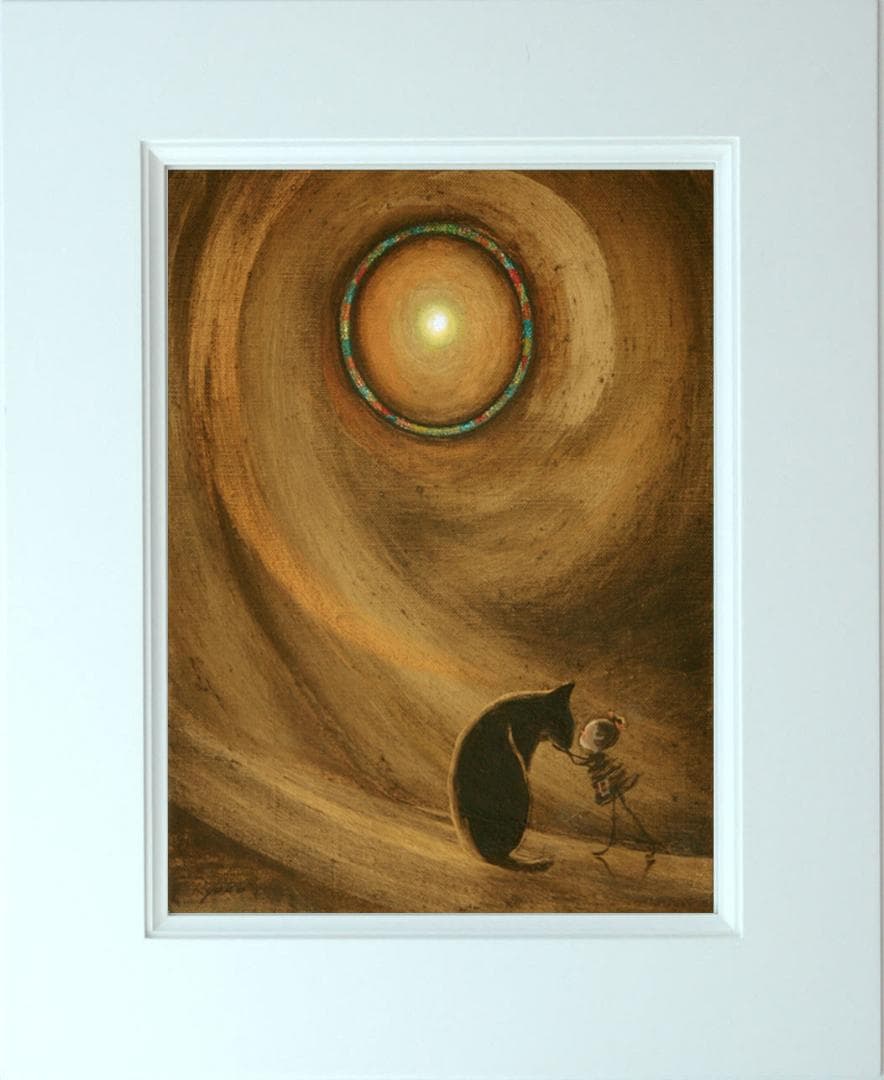 油絵菅家令子絵 絵画インテリア額付(青緑＋金色の枠)F3-072819子犬猫女子